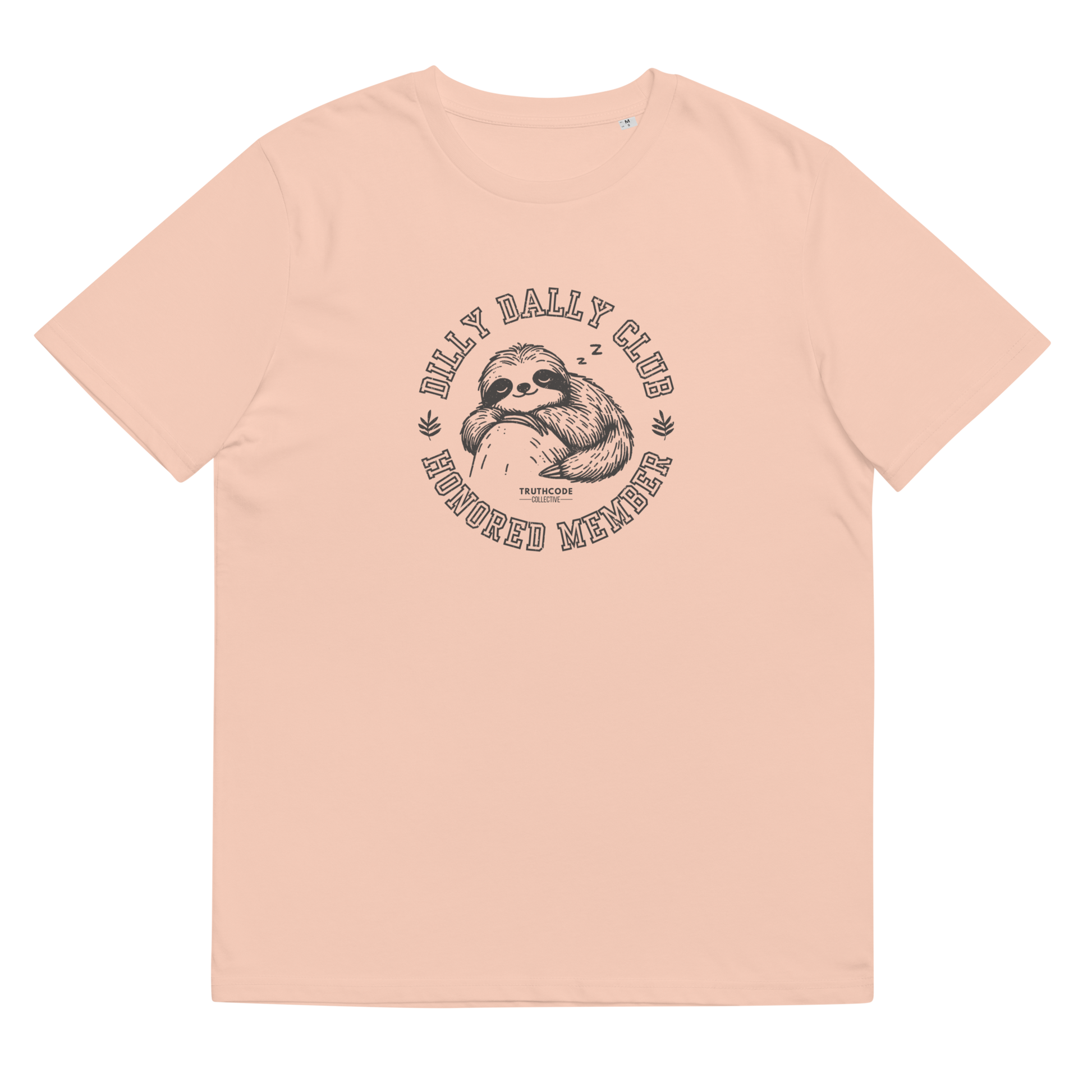 Peach organic t-shirt with sloth graphic and text 'Dilly dally club, honored member' on a white background