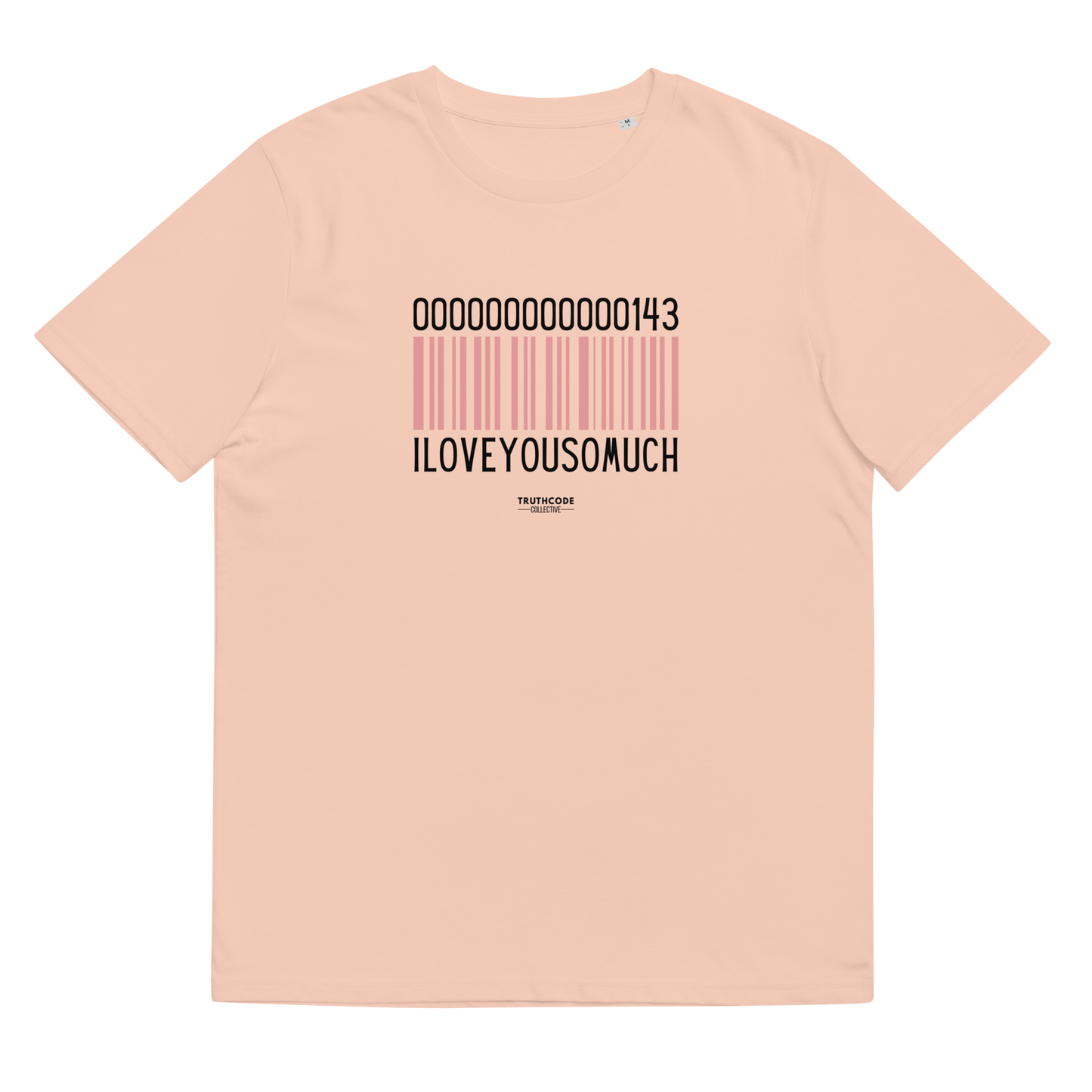 Peach organic t-shirt with a barcode design and numbers 143, with text 'I love you so much' on a white background