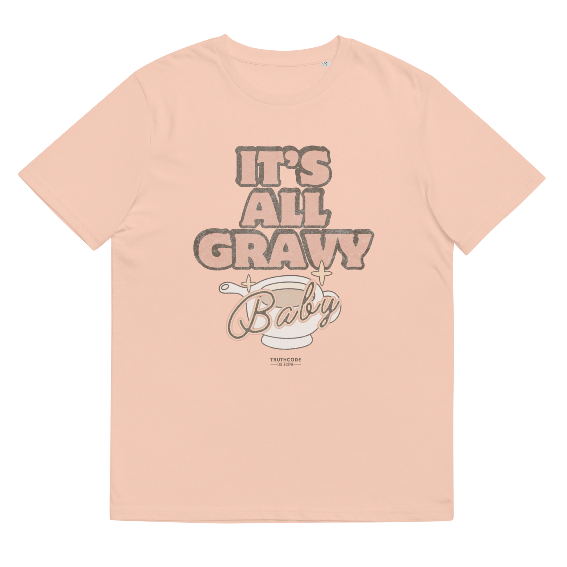 Peach organic t-shirt with 'It's All Gravy Baby' text with a gravy boat graphic design on a white background
