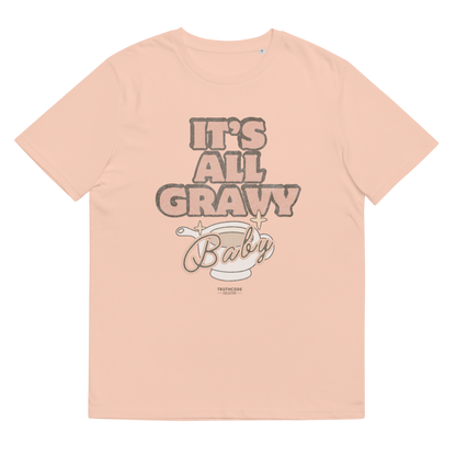 Peach organic t-shirt with 'It's All Gravy Baby' text with a gravy boat graphic design on a white background