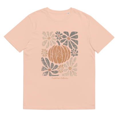 Peach organic t-shirt with a pumpkin and floral design on a white background