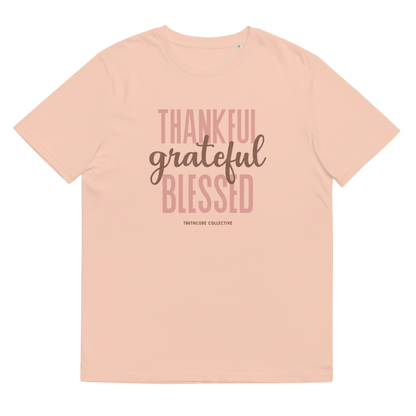 Peach organic t-shirt with 'Thankful grateful BLESSED' text design on a white background
