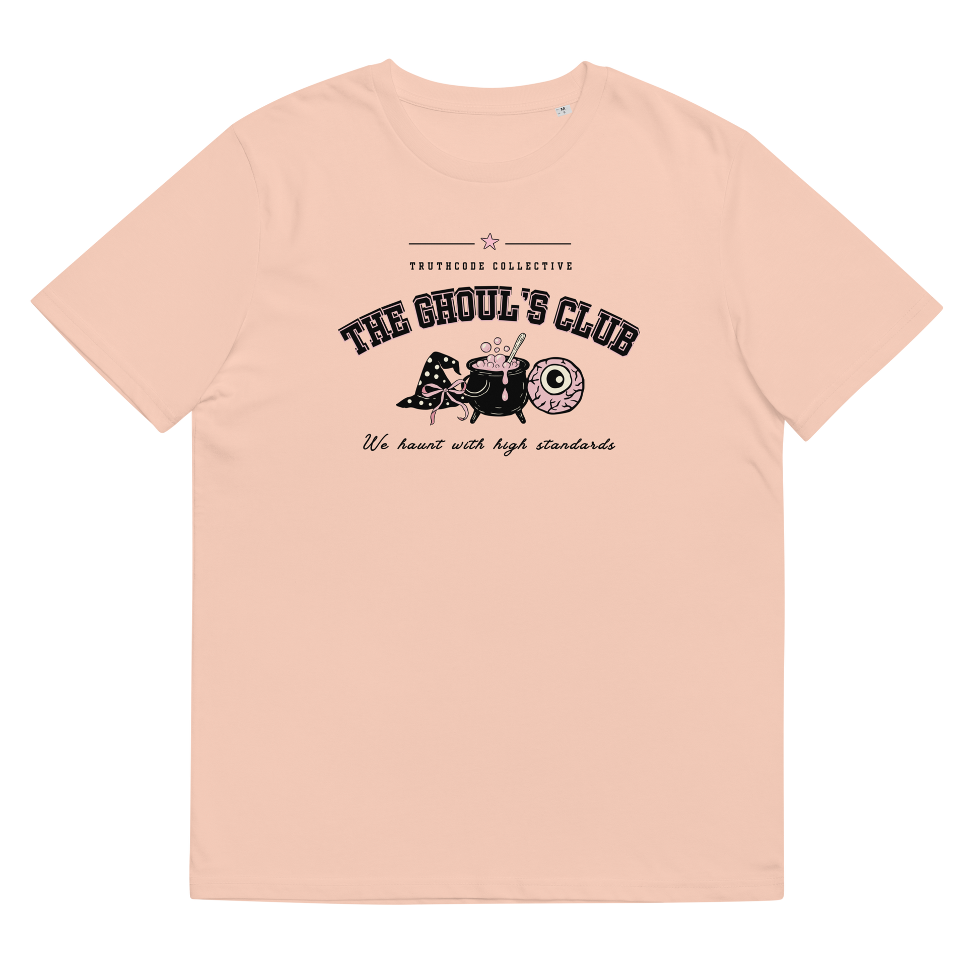 Peach organic t-shirt with 'The Ghoul's Club' text and cartoon halloween graphic design on a white background