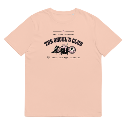 Peach organic t-shirt with 'The Ghoul's Club' text and cartoon halloween graphic design on a white background