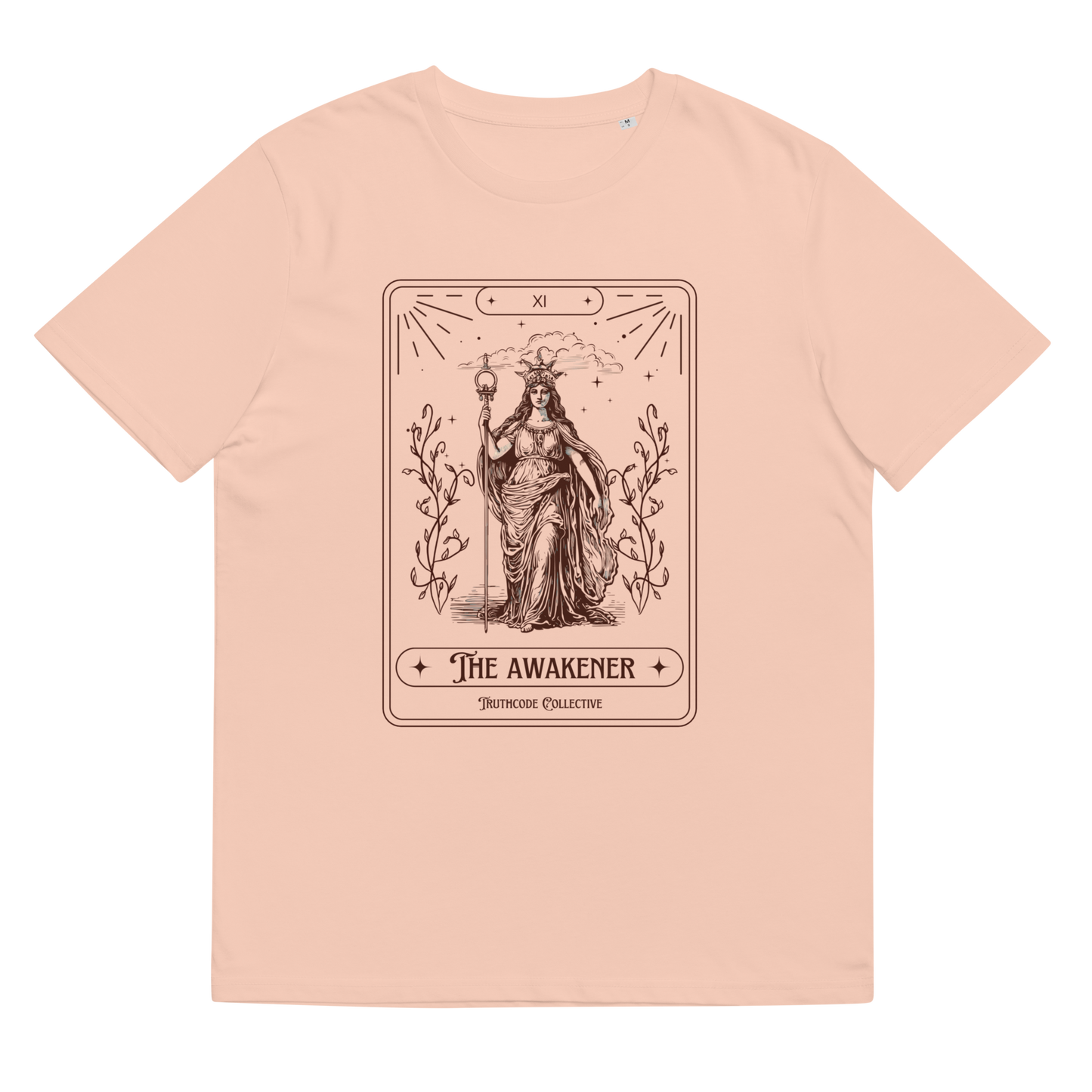 Peach organic t-shirt with 'The Awakener' tarot card design, on a white background