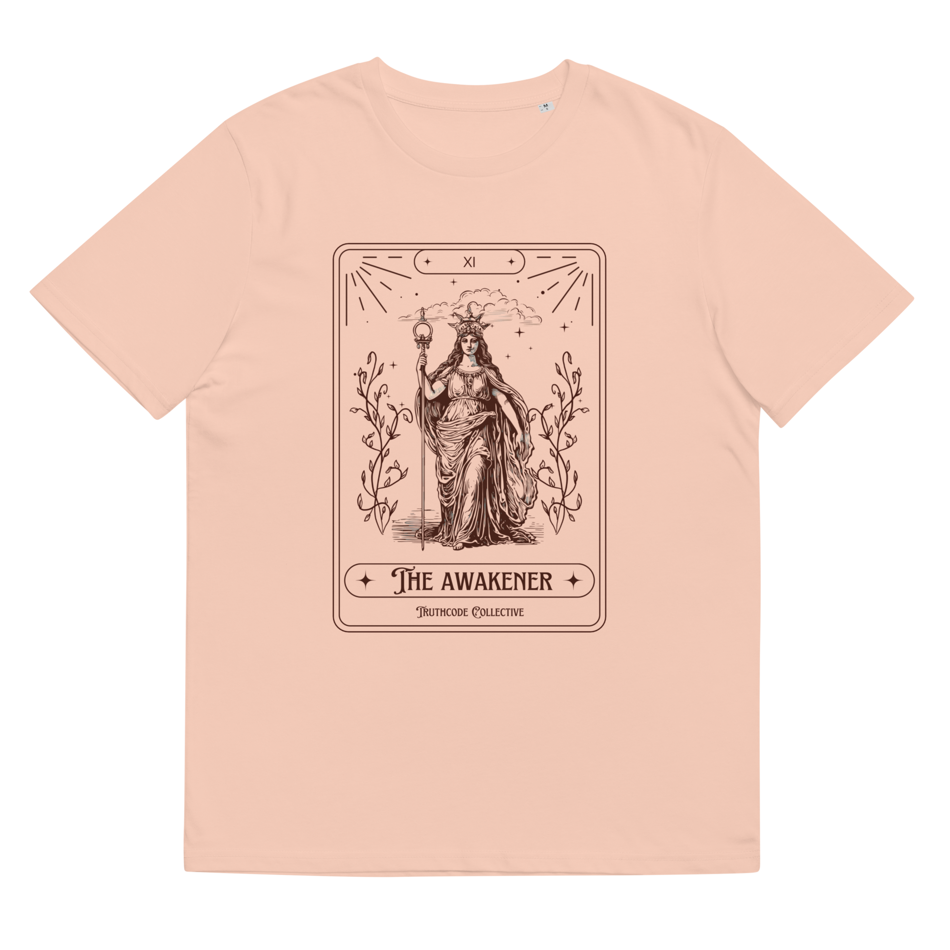Peach organic t-shirt with 'The Awakener' tarot card design, on a white background