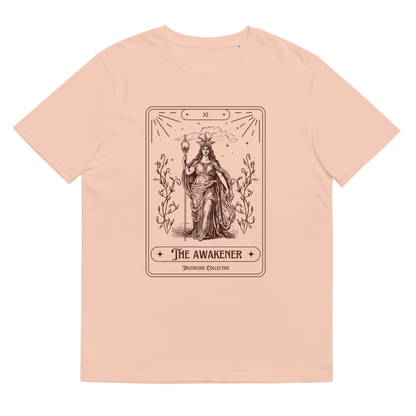 Peach organic t-shirt with 'The Awakener' tarot card design, on a white background