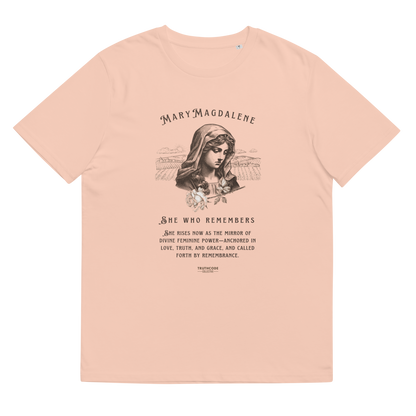 Peach organic t-shirt with a graphic of Mary Magdalene and text 'She who remembers, she rises now as the mirror of the divine feminine power...',  on a white background