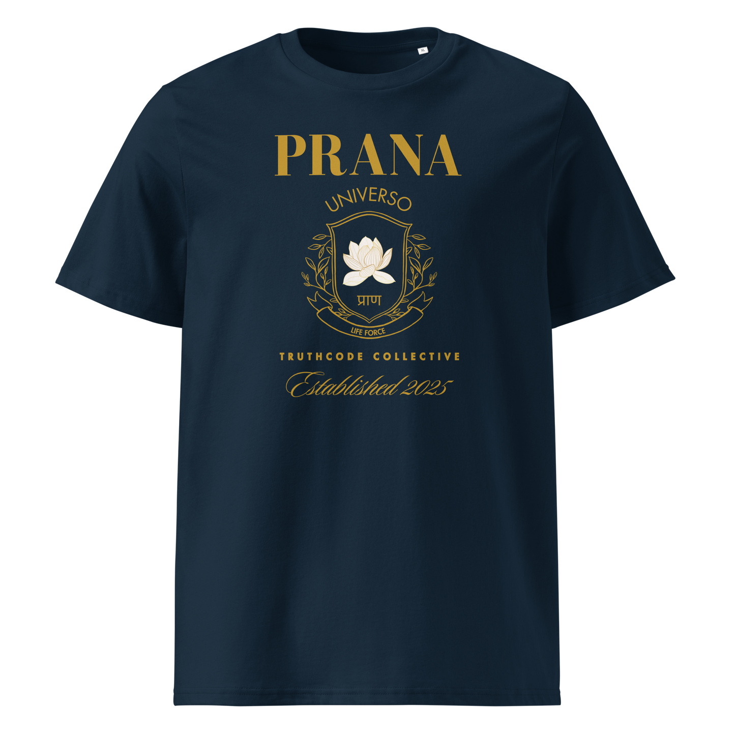 Navy blue organic t-shirt with gold Prana crest design