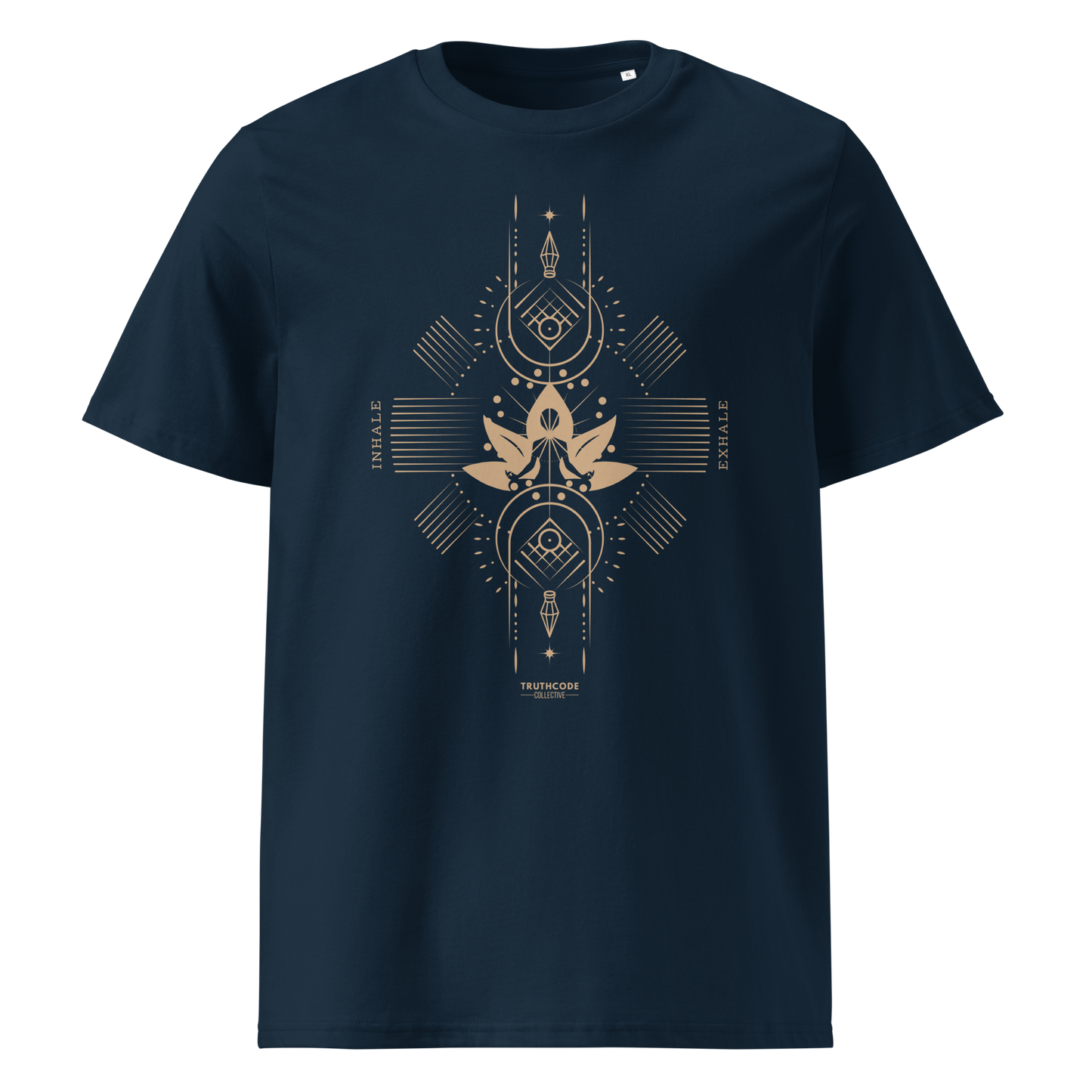 Navy blue organic t-shirt with geometric design, lotus flower and meditating person, with text reading 'Inhale, exhale'