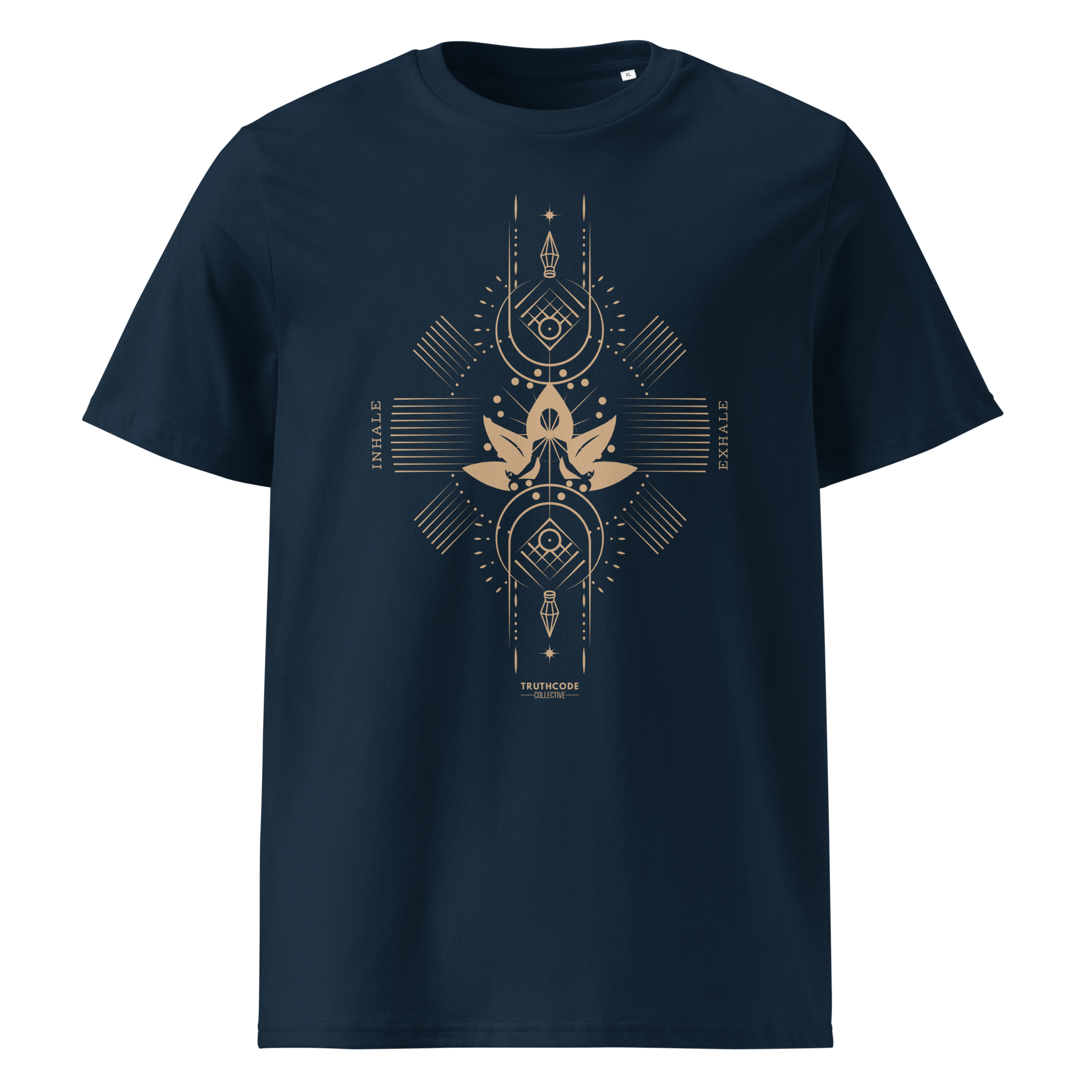 Navy blue organic t-shirt with geometric design, lotus flower and meditating person, with text reading 'Inhale, exhale'