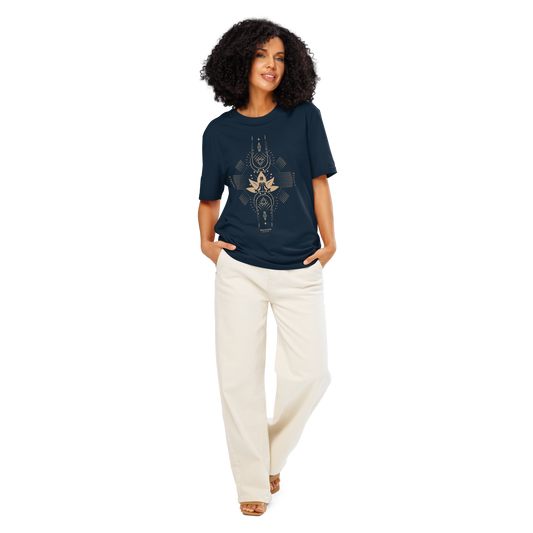 Woman wearing navy blue organic t-shirt with geometric design, lotus flower and meditating person, with text reading 'Inhale, exhale'