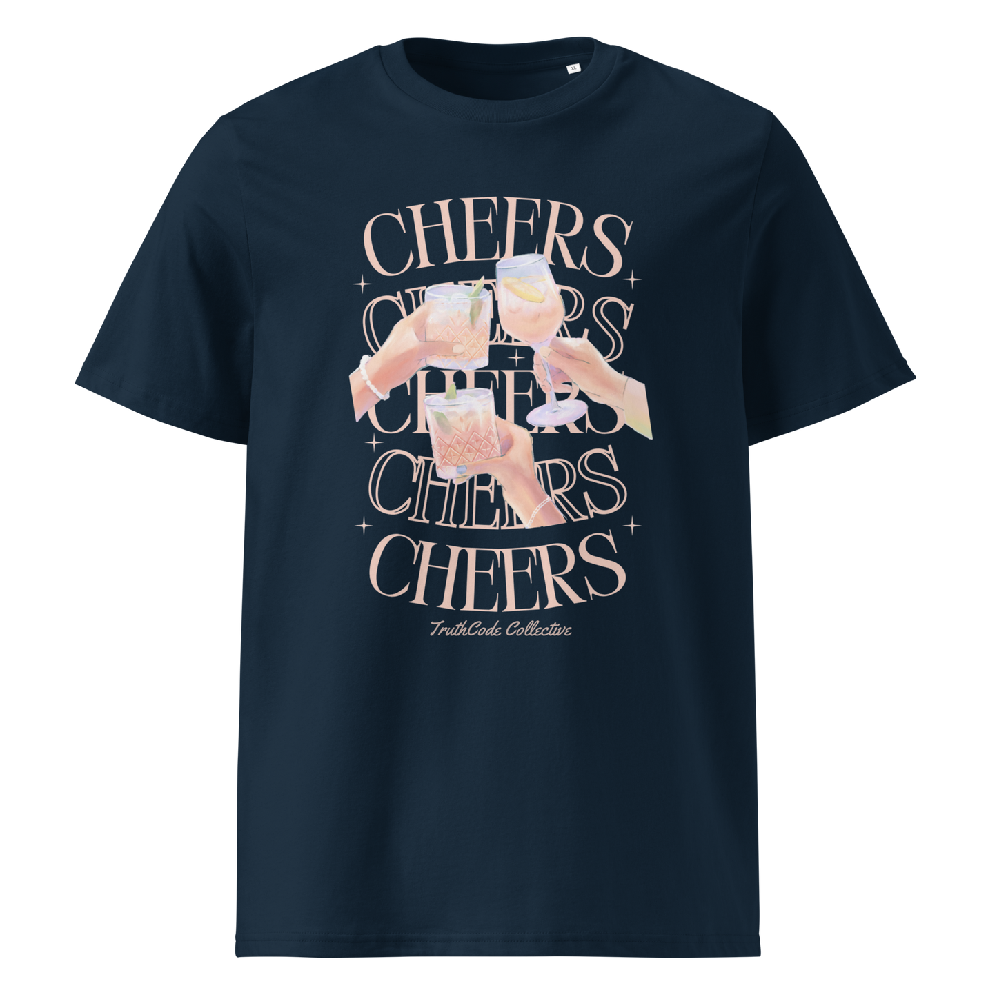 Navy blue organic t-shirt with watercolor style floral and sun design and text 'Be the Light' 