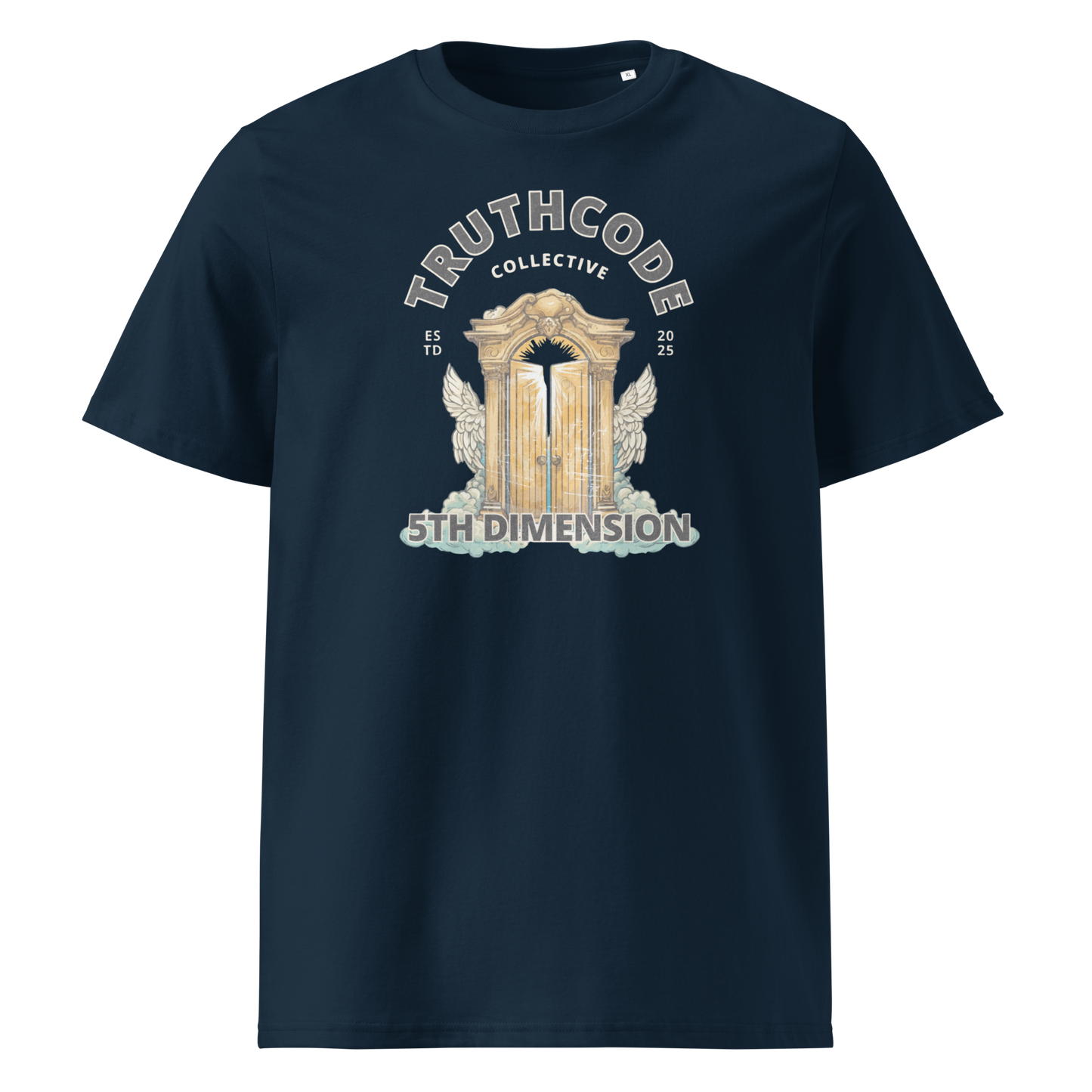 Navy blue organic t-shirt with 'Truthcode Collective' and '5th Dimension' text and heavenly gates type design on a white background