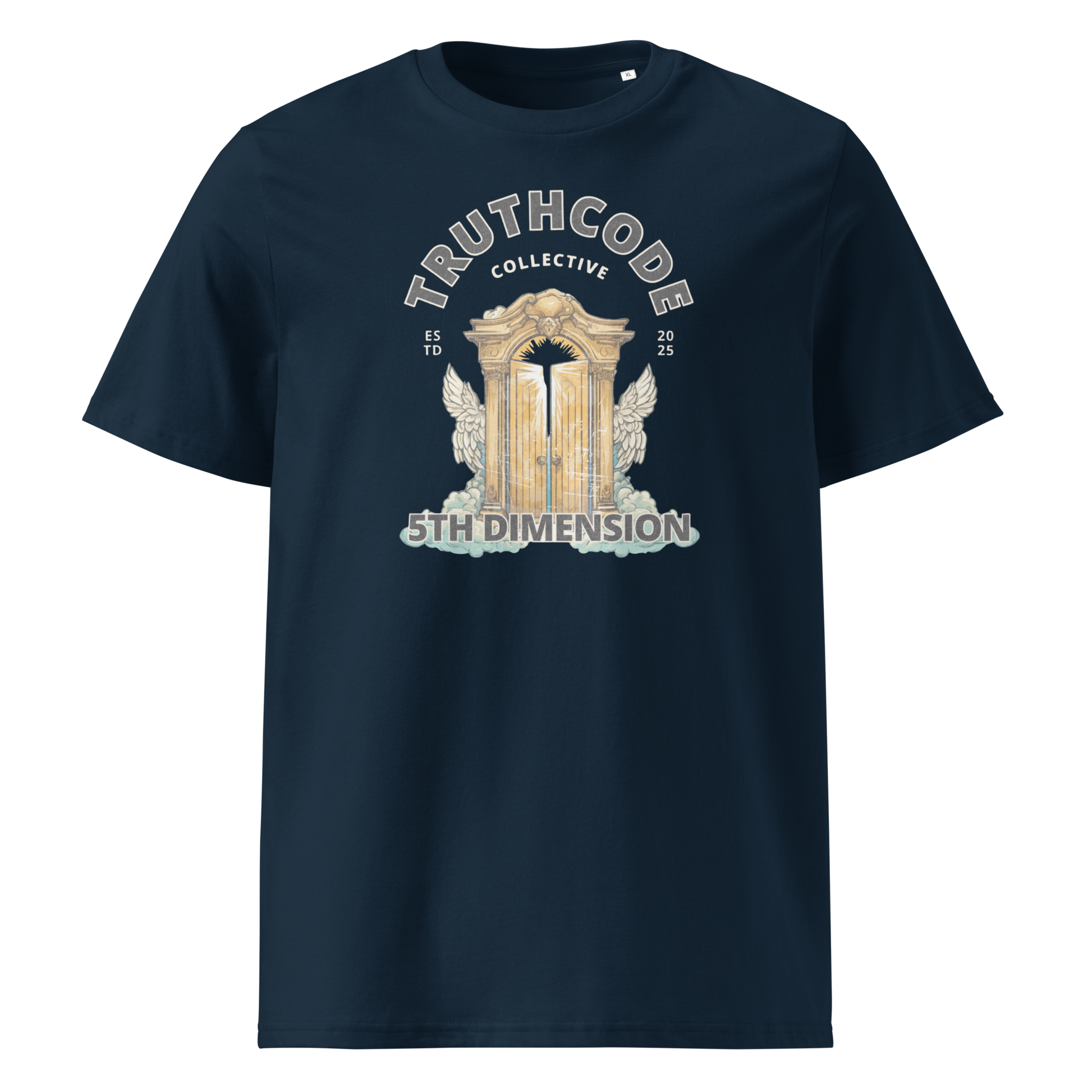 Navy blue organic t-shirt with 'Truthcode Collective' and '5th Dimension' text and heavenly gates type design on a white background