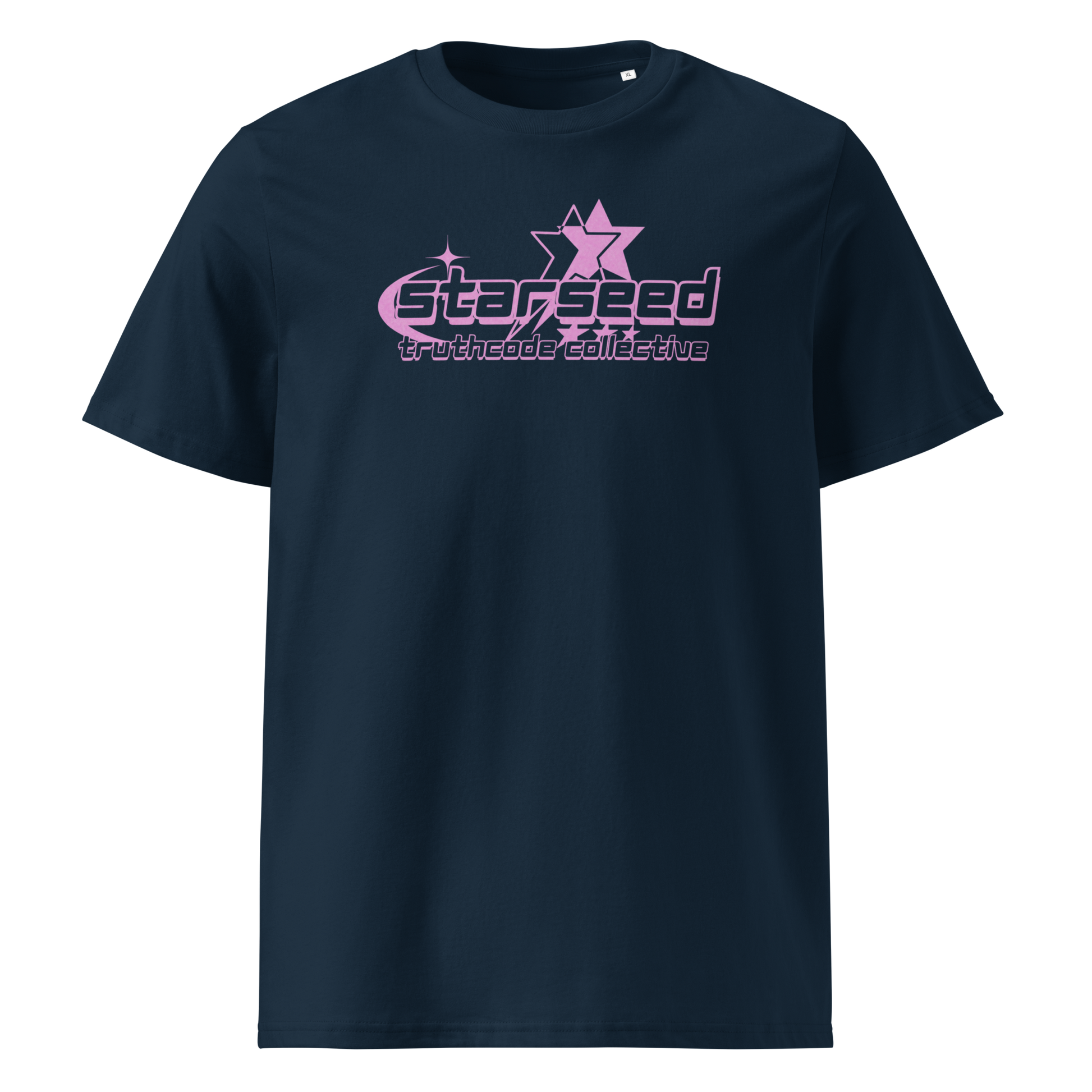 Navy blue organic t-shirt with a purple star graphic and  text 'Starseed' on a white background
