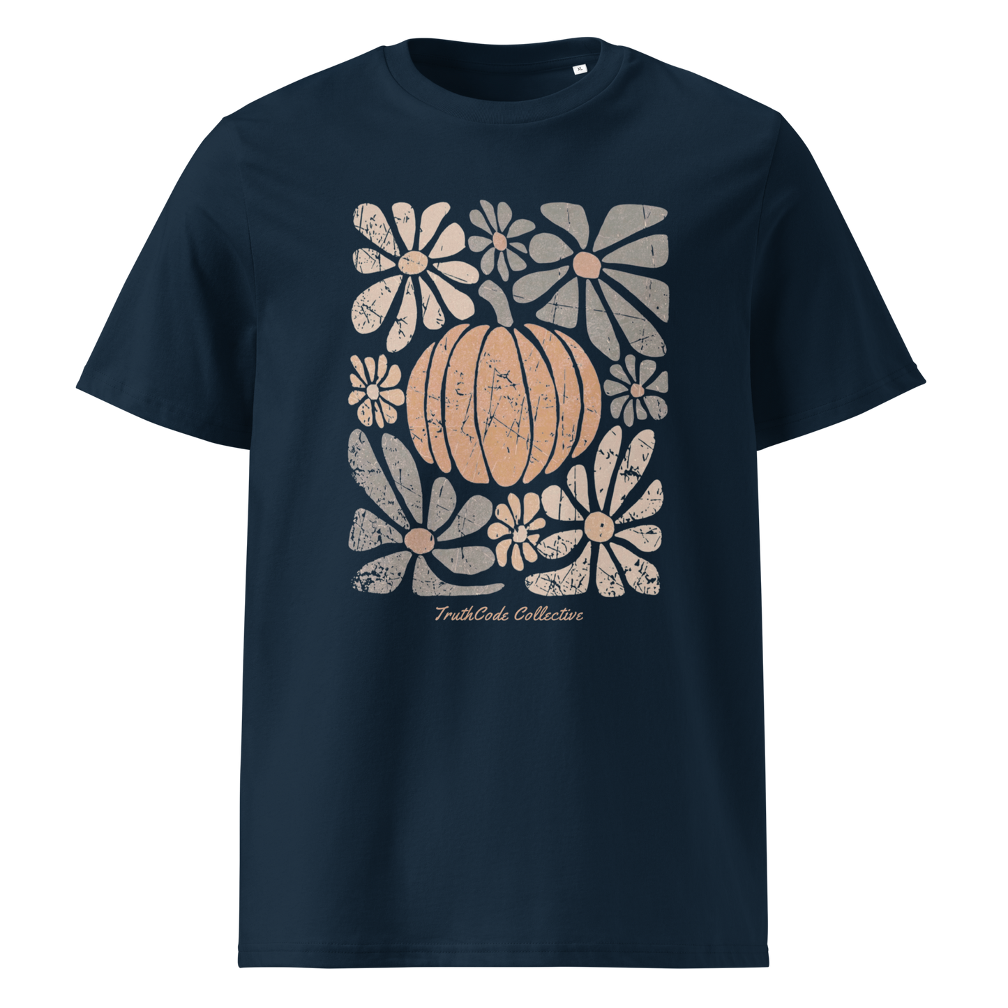 Navy blue organic t-shirt with a pumpkin and floral design on a white background