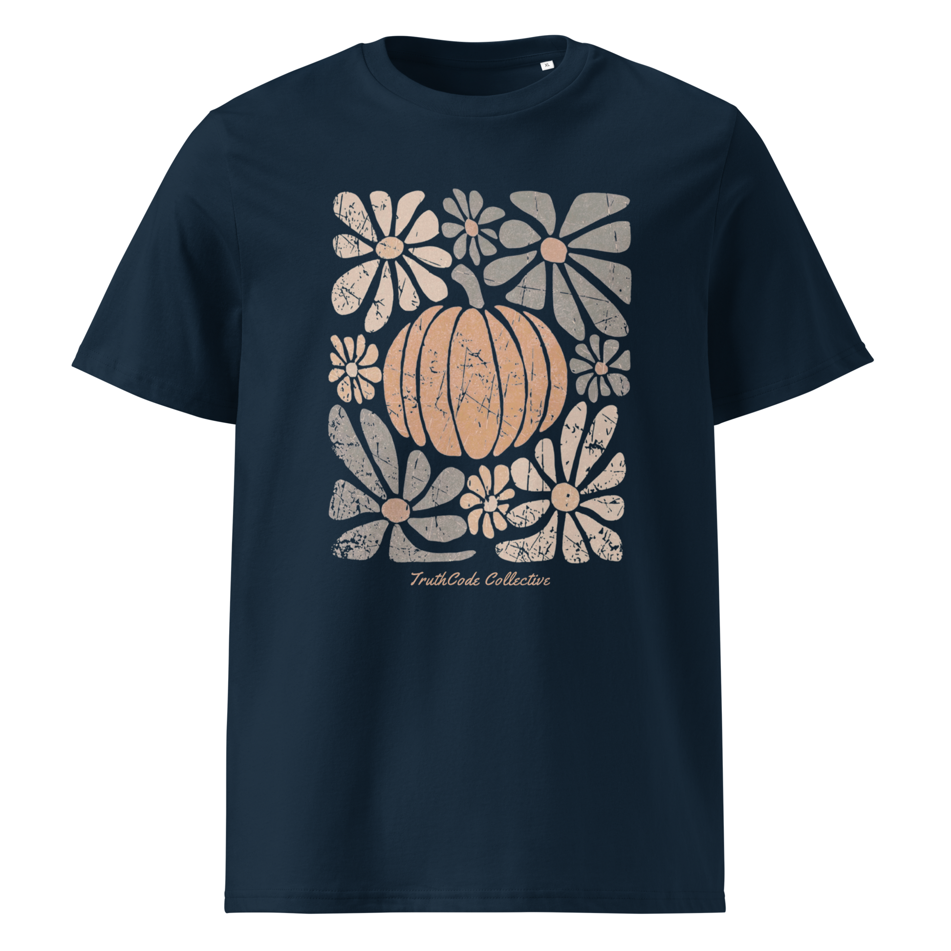 Navy blue organic t-shirt with a pumpkin and floral design on a white background