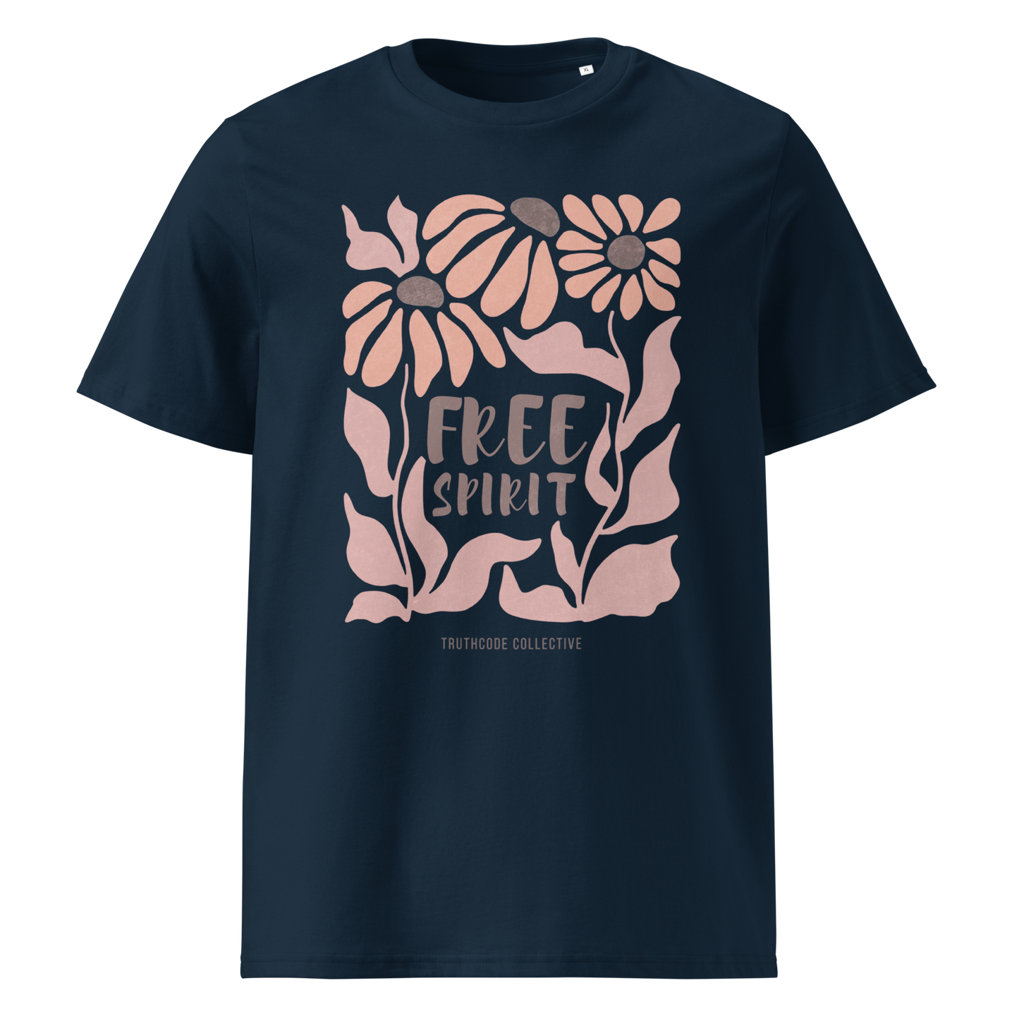 Navy Blue organic t-shirt with pink floral design and 'Free Spirit' text on a white background