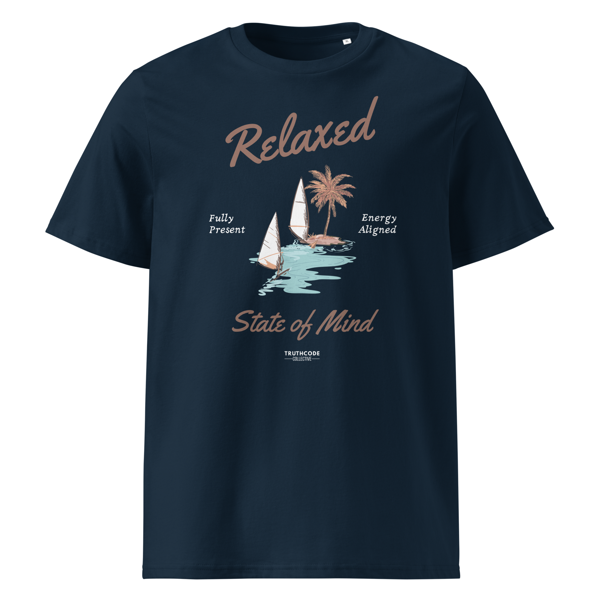 Navy blue organic t-shirt with a sailboat graphic and text 'Relaxed state of mind' on a white background
