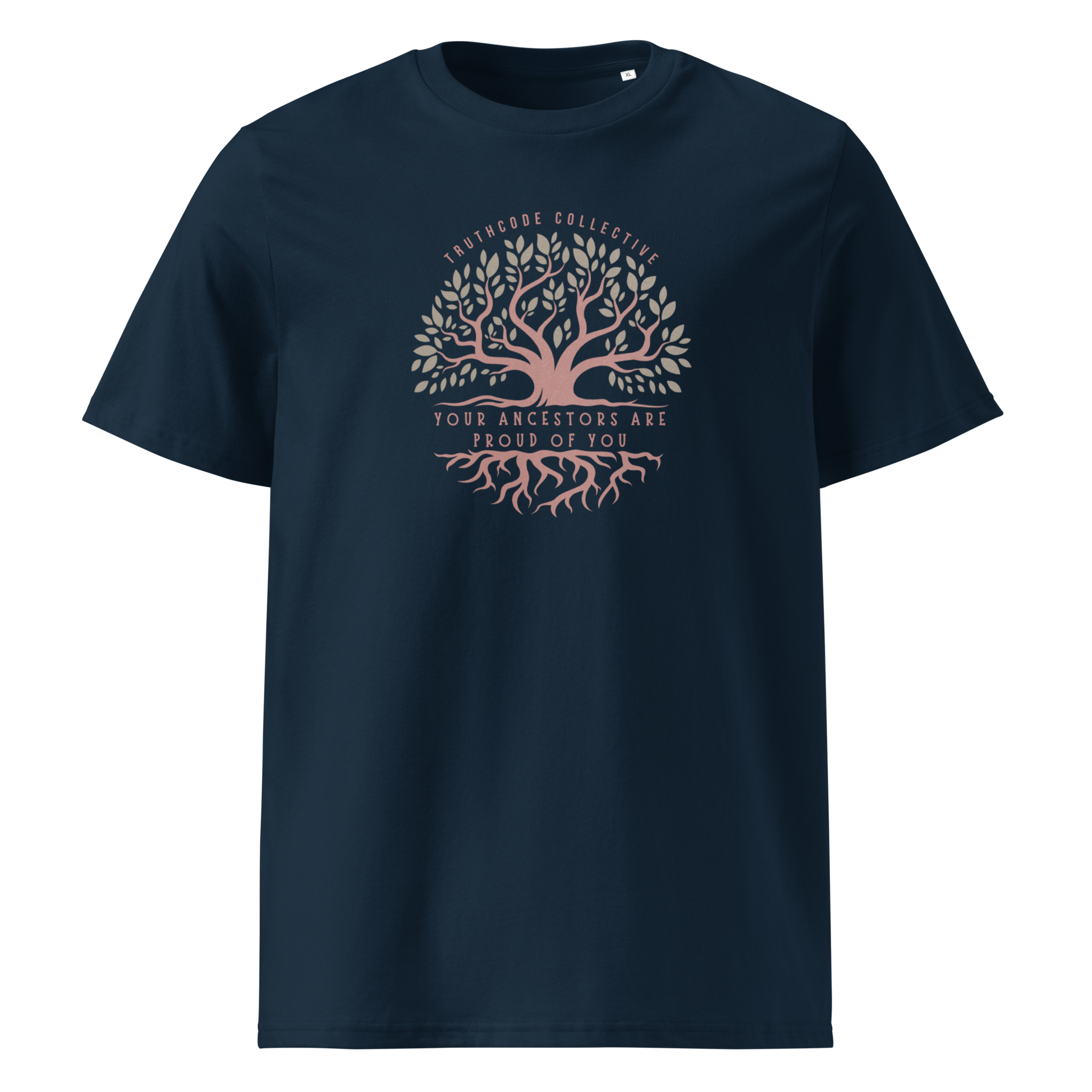 Navy blue organic t-shirt with a tree design and text 'Your ancestors are proud of you' on a white background