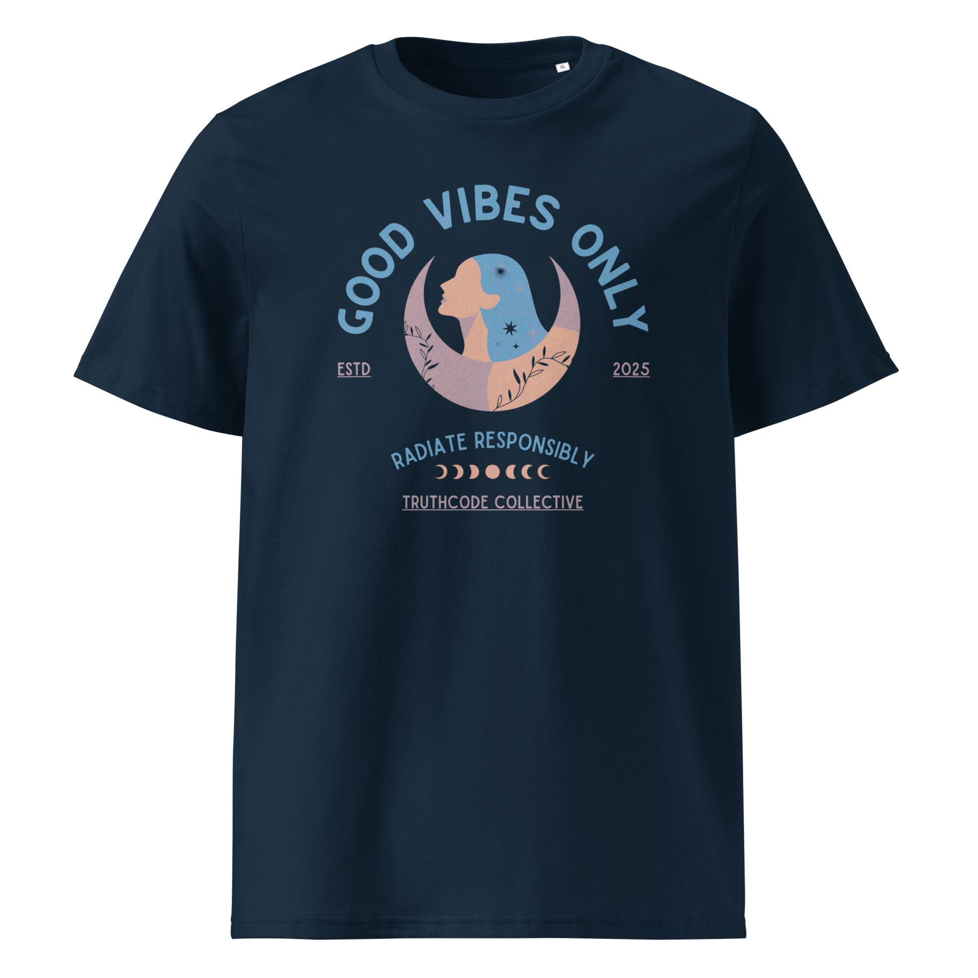 Navy blue organic t-shirt with text 'Good Vibes Only' and 'Radiate responsibly' woman and moon graphic design on a white background