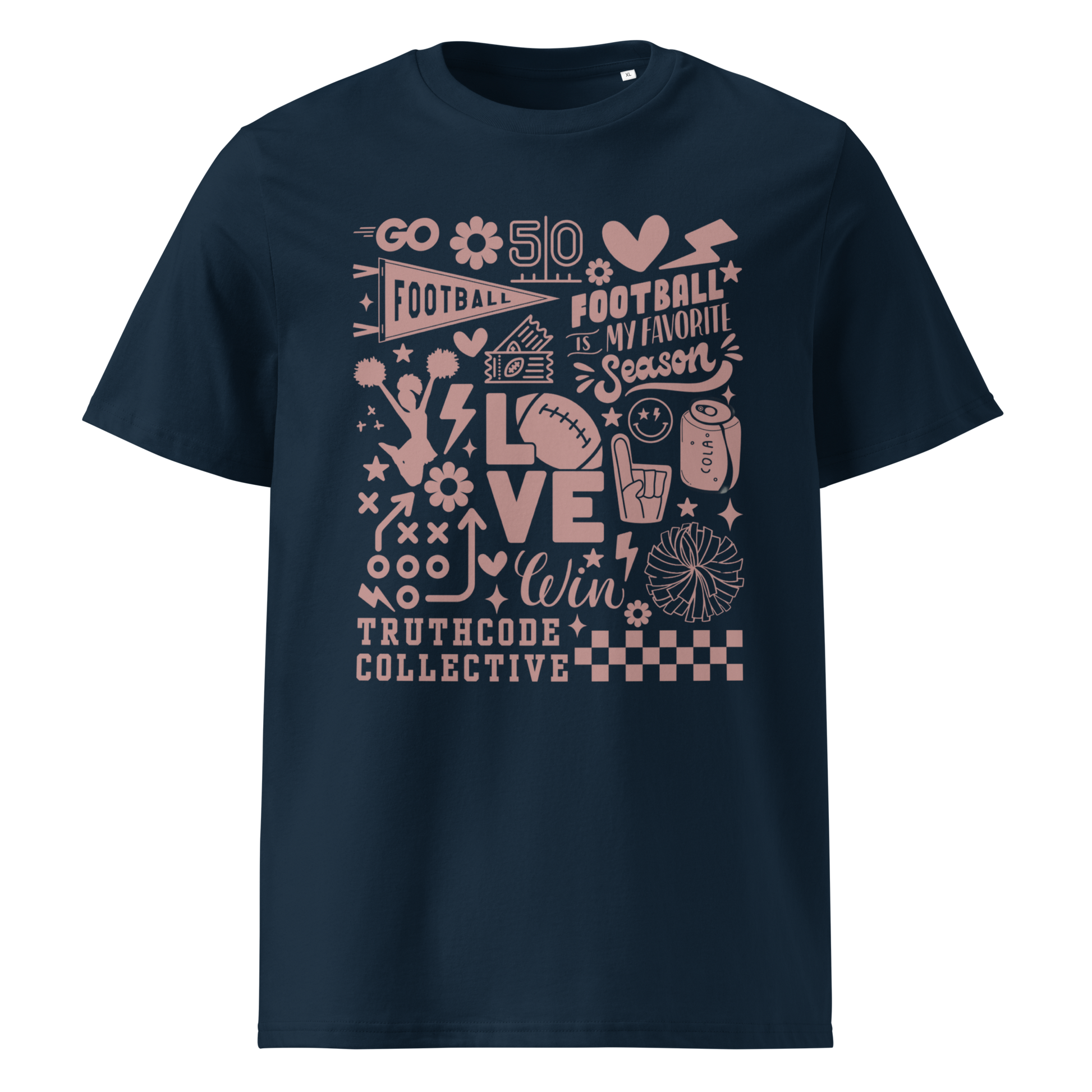 Navy blue organic t- shirt with football themed graphics and text 'Football is my favorite season' on a white background