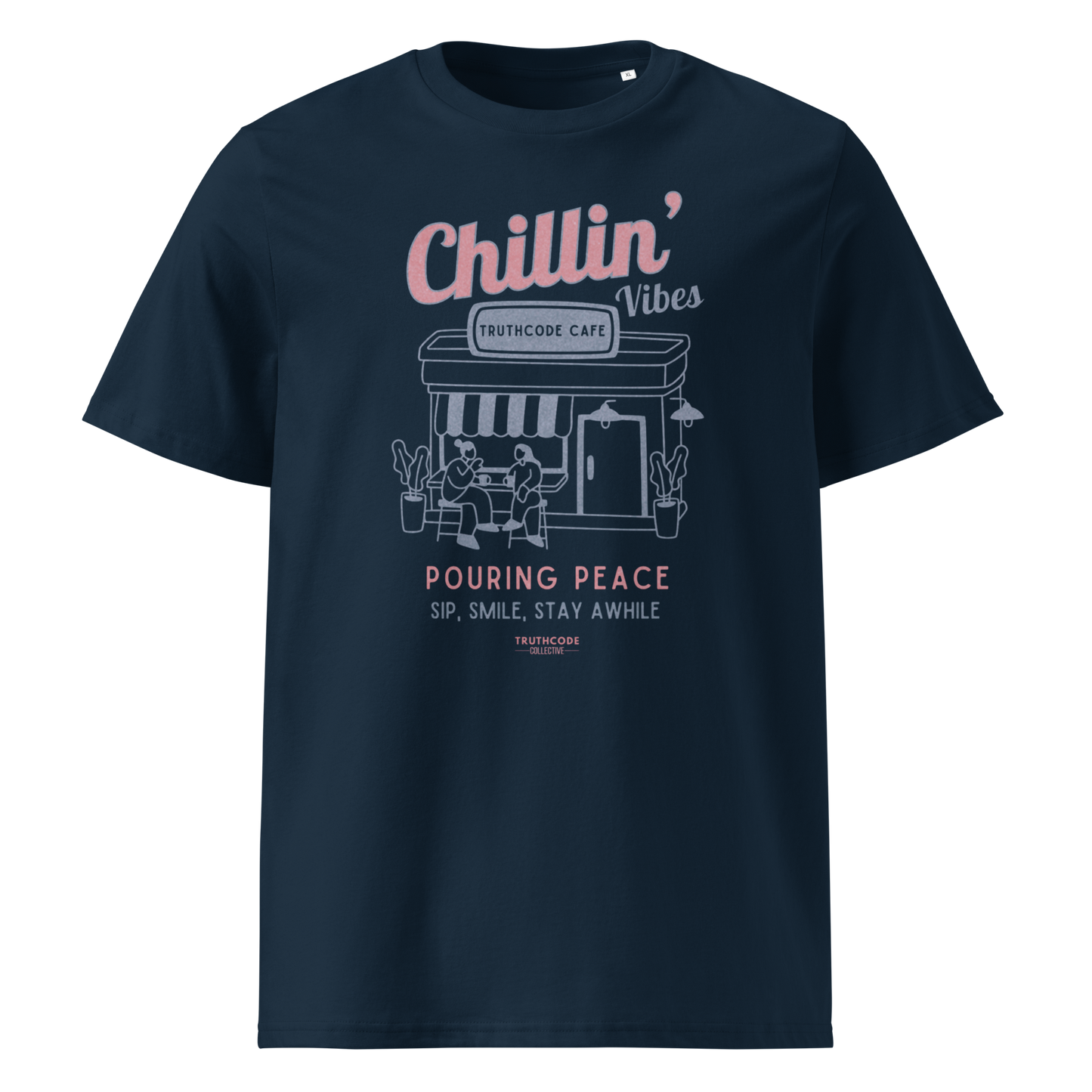 Navy blue organic t-shirt with 'Chillin' Vibes, TruthCode Cafe' and 'Pouring peace, sip, smile, stay a while' graphic design on a white background