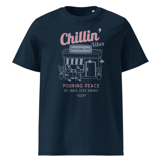 Navy blue organic t-shirt with 'Chillin' Vibes, TruthCode Cafe' and 'Pouring peace, sip, smile, stay a while' graphic design on a white background