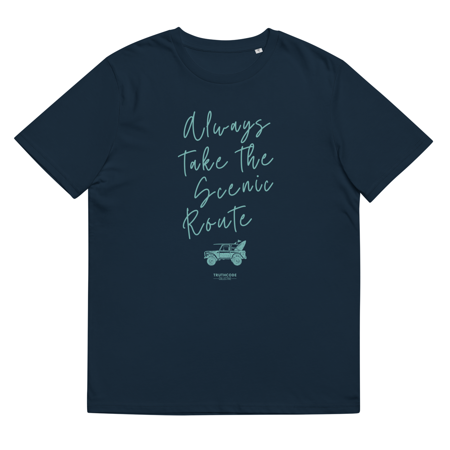 Navy blue organic t-shirt with text design 'Always take the scenic route' with truck with surf board graphic on a white background