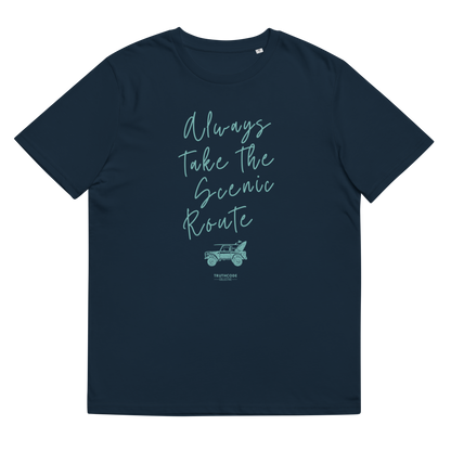 Navy blue organic t-shirt with text design 'Always take the scenic route' with truck with surf board graphic on a white background