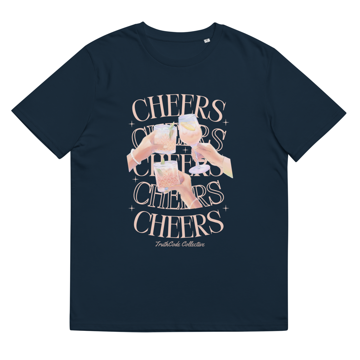 Navy blue organic t-shirt with 'Cheers' text and graphic design of hands clinking glasses on a white background