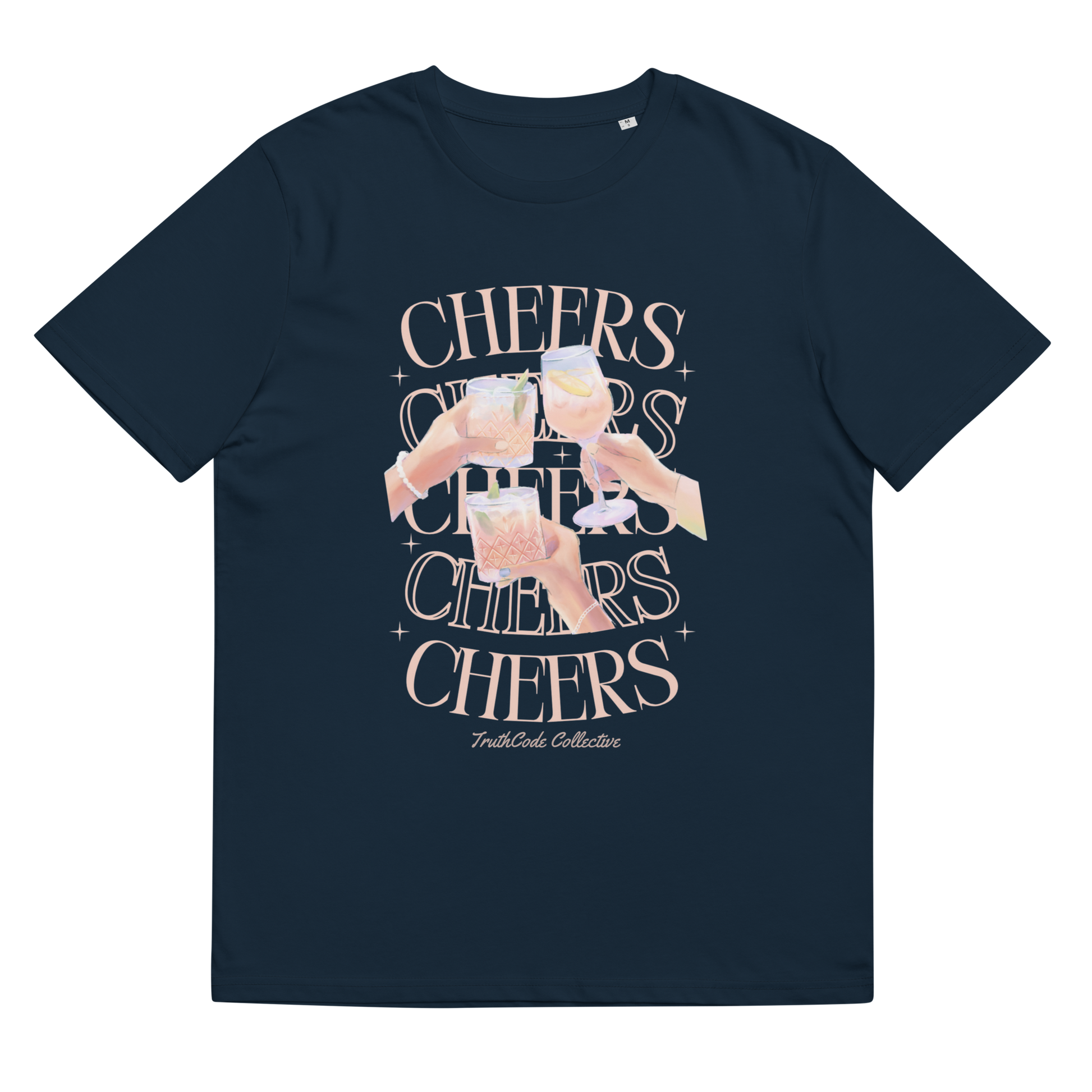 Navy blue organic t-shirt with 'Cheers' text and graphic design of hands clinking glasses on a white background