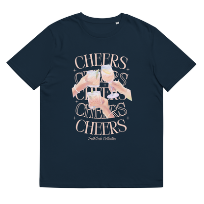 Navy blue organic t-shirt with 'Cheers' text and graphic design of hands clinking glasses on a white background