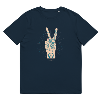Navy blue organic t-shirt with a peace sign design and text throughout the hand 'Faith, joy, hope, love, peace, unity', shirt on a white background