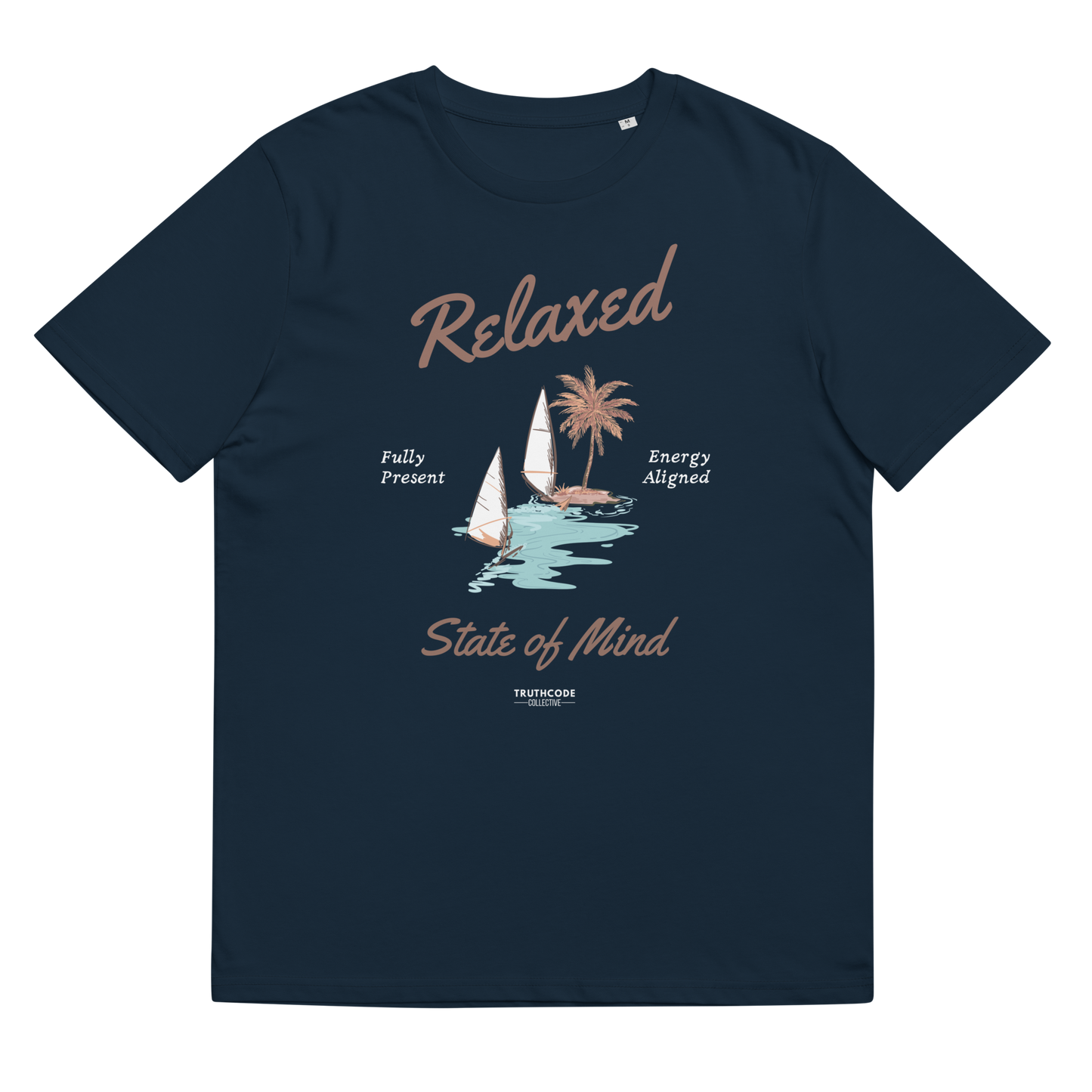 Navy blue organic t-shirt with a sailboat graphic and text 'Relaxed state of mind', shirt on a white background