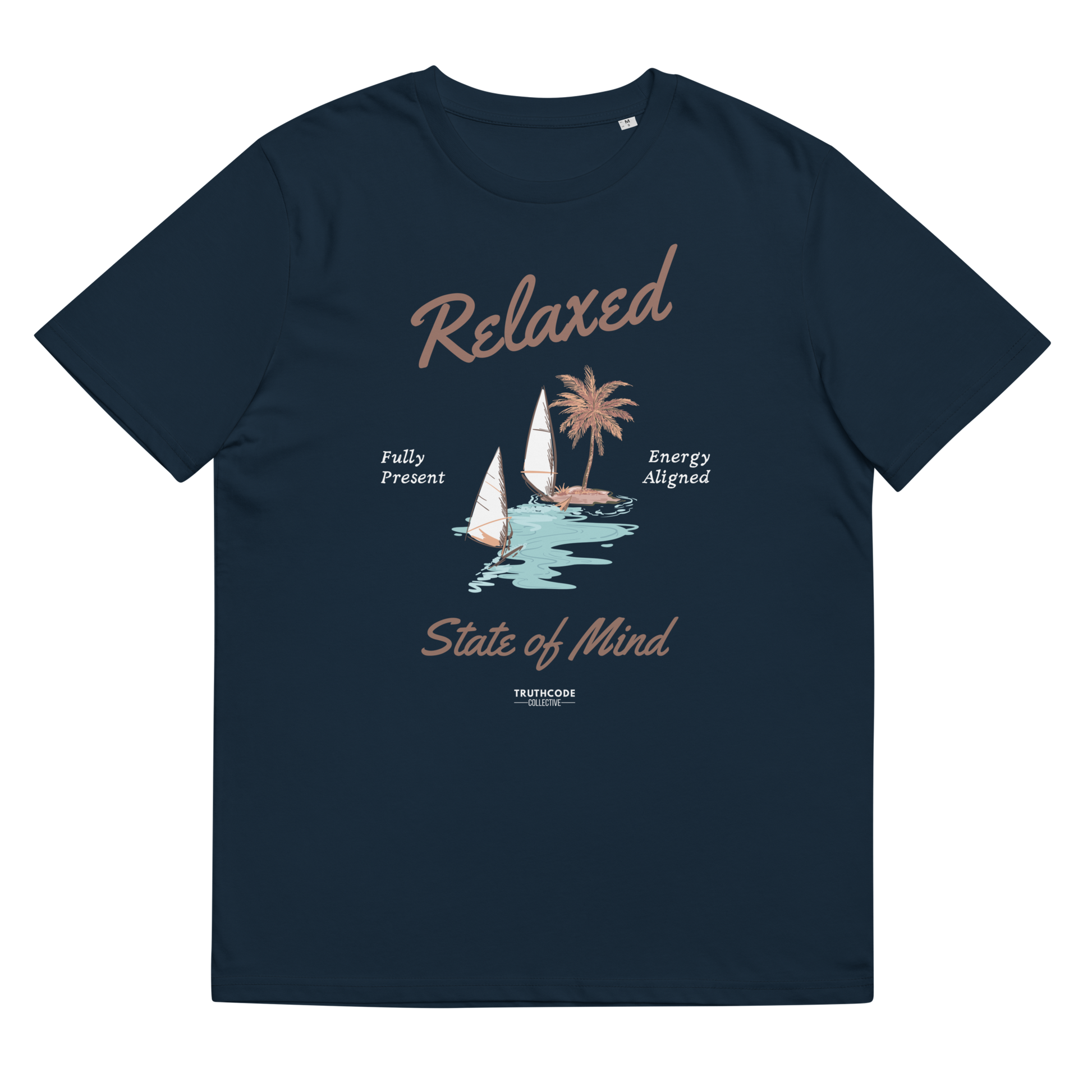 Navy blue organic t-shirt with a sailboat graphic and text 'Relaxed state of mind', shirt on a white background