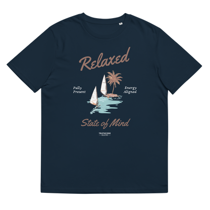 Navy blue organic t-shirt with a sailboat graphic and text 'Relaxed state of mind', shirt on a white background