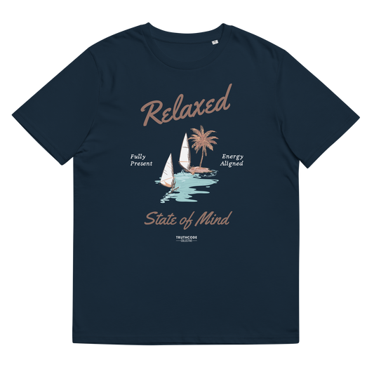 Navy blue organic t-shirt with a sailboat graphic and text 'Relaxed state of mind', shirt on a white background