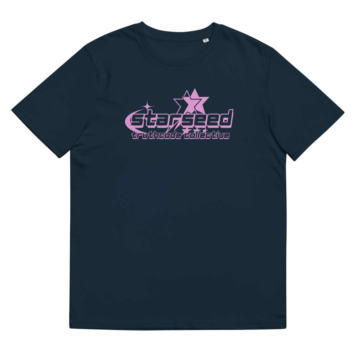 Navy blue organic t-shirt with pink text 'Starseed' and star graphic design, shirt on a white background