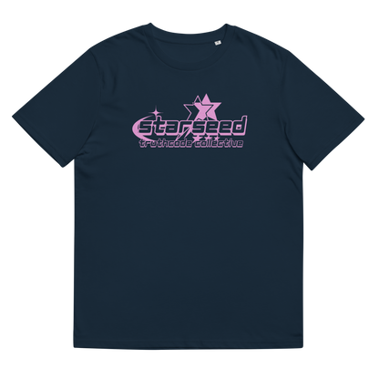 Navy blue organic t-shirt with pink text 'Starseed' and star graphic design, shirt on a white background