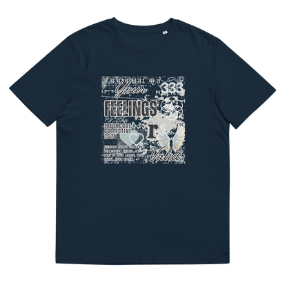 Navy blue organic t-shirt with collage style  graphic design and text 'Your feelings R valid' on a white background