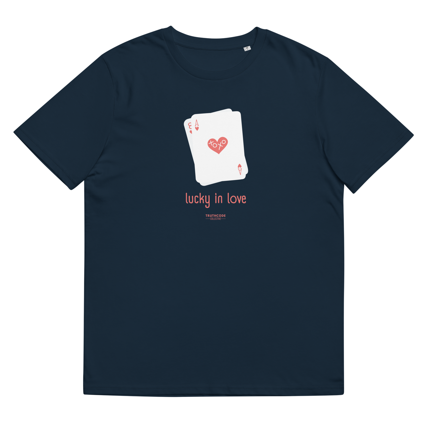 Navy blue organic t-shirt with a graphic of playing cards and 'lucky in love' text on a white background