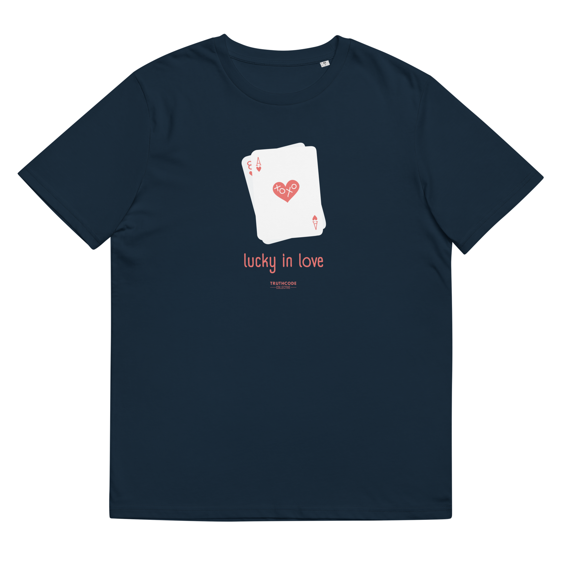 Navy blue organic t-shirt with a graphic of playing cards and 'lucky in love' text on a white background
