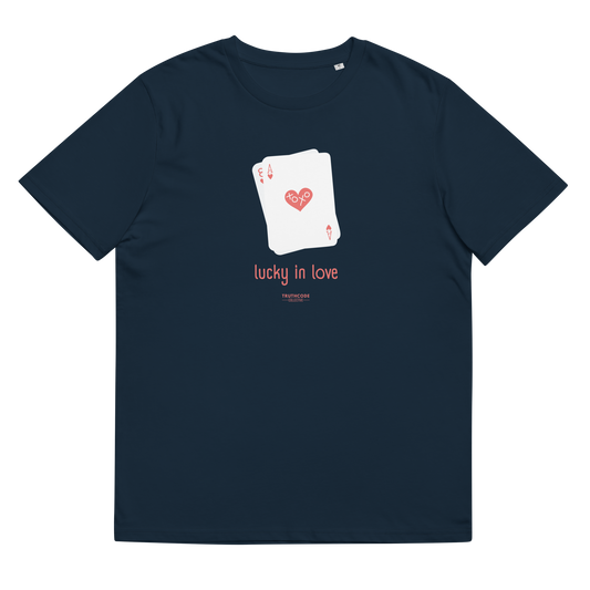 Navy blue organic t-shirt with a graphic of playing cards and 'lucky in love' text on a white background