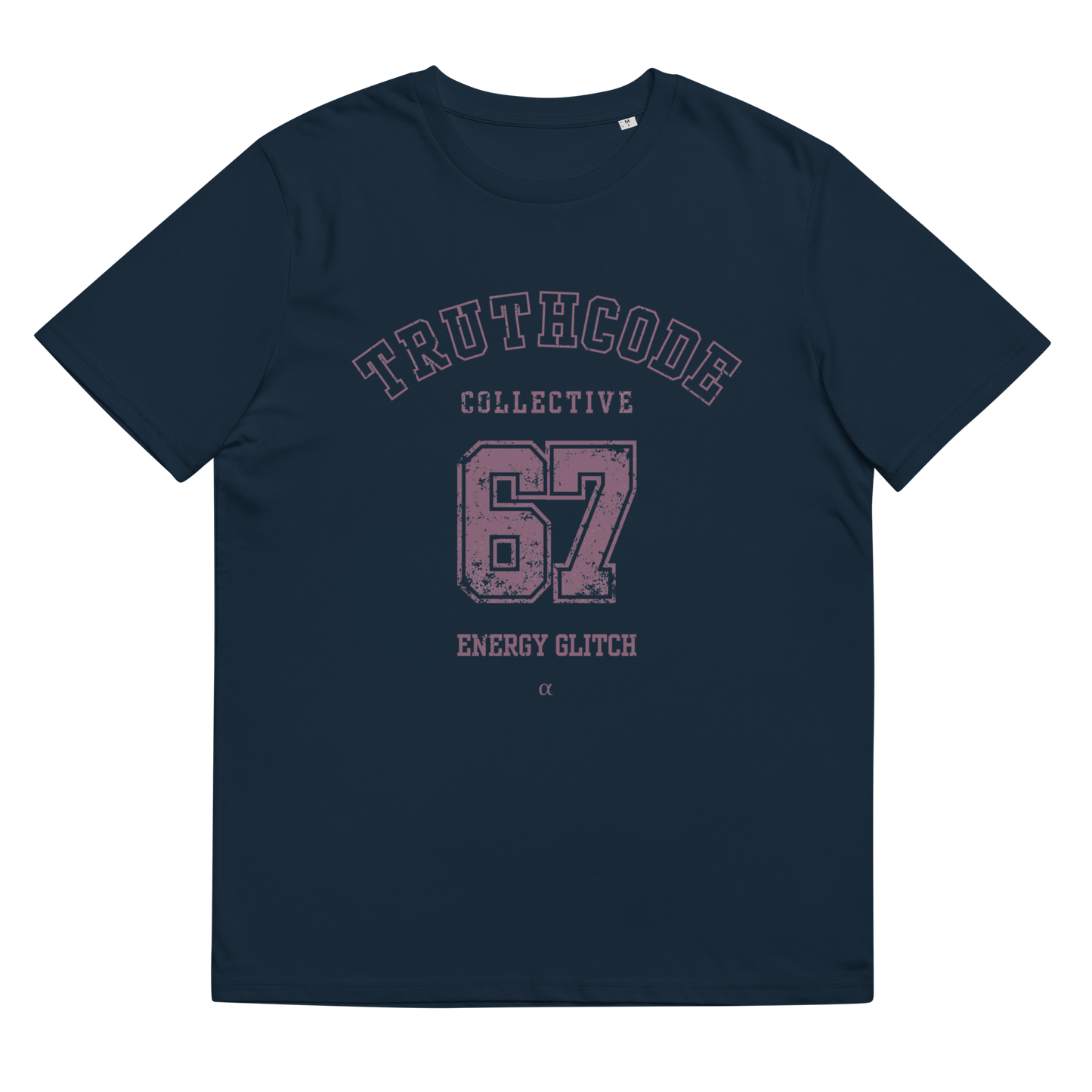 Navy blue organic t-shirt with 'Truthcode Collective 67 Energy Glitch' text on a white background