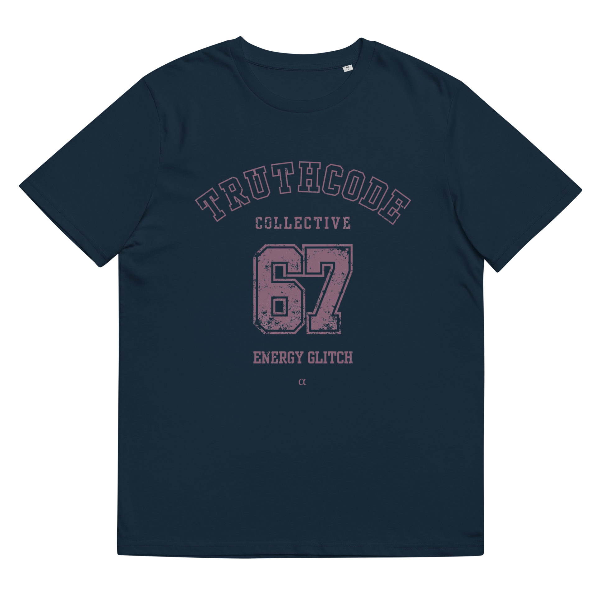 Navy blue organic t-shirt with 'Truthcode Collective 67 Energy Glitch' text on a white background