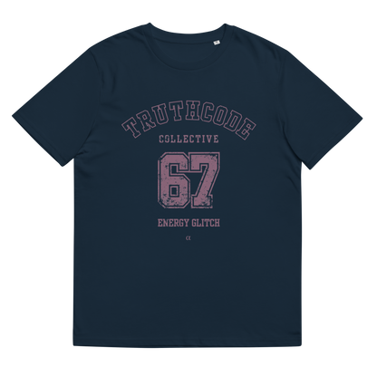 Navy blue organic t-shirt with 'Truthcode Collective 67 Energy Glitch' text on a white background