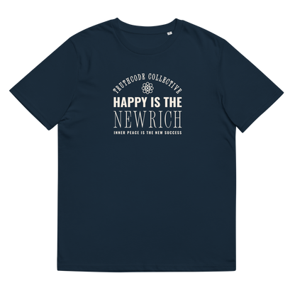 Navy Blue organic t-shirt with white text 'Happy is the new rich, inner peace is the new success', on a white background