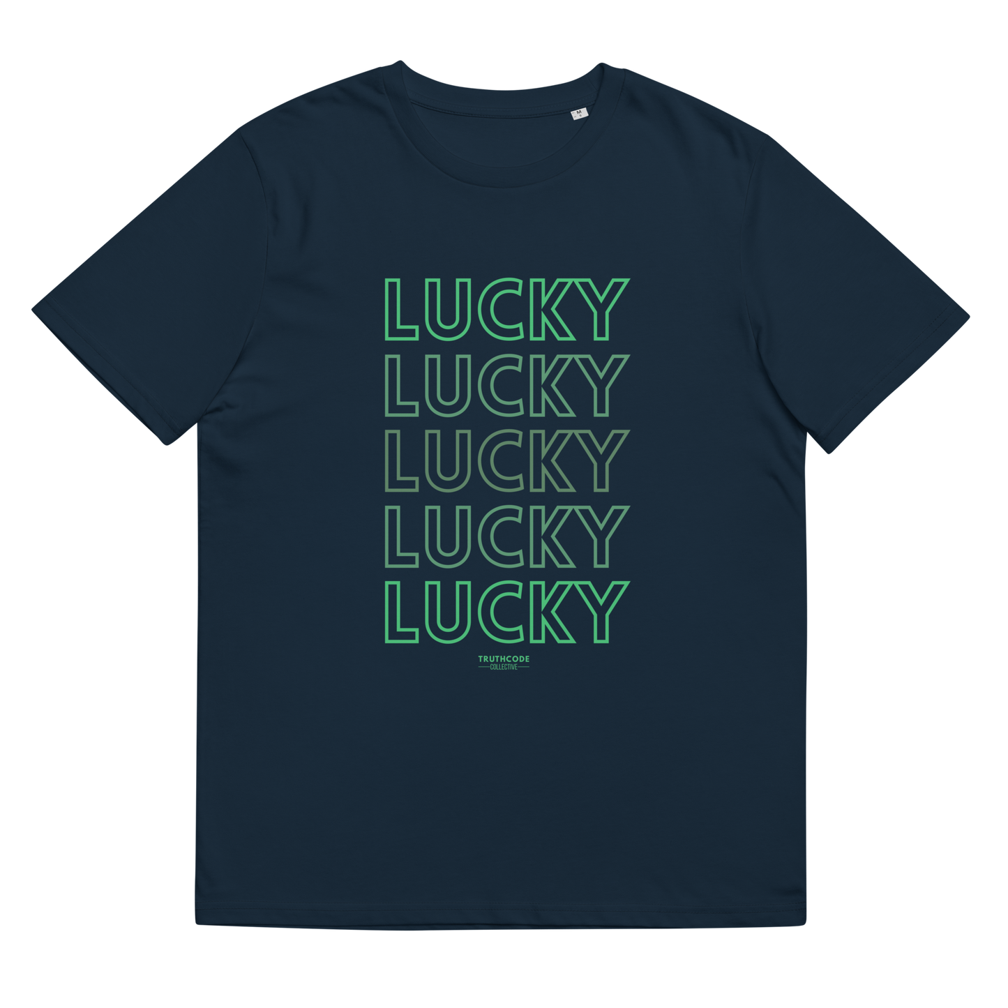 Navy blue organic t-shirt with 'LUCKY' text in green on a white background